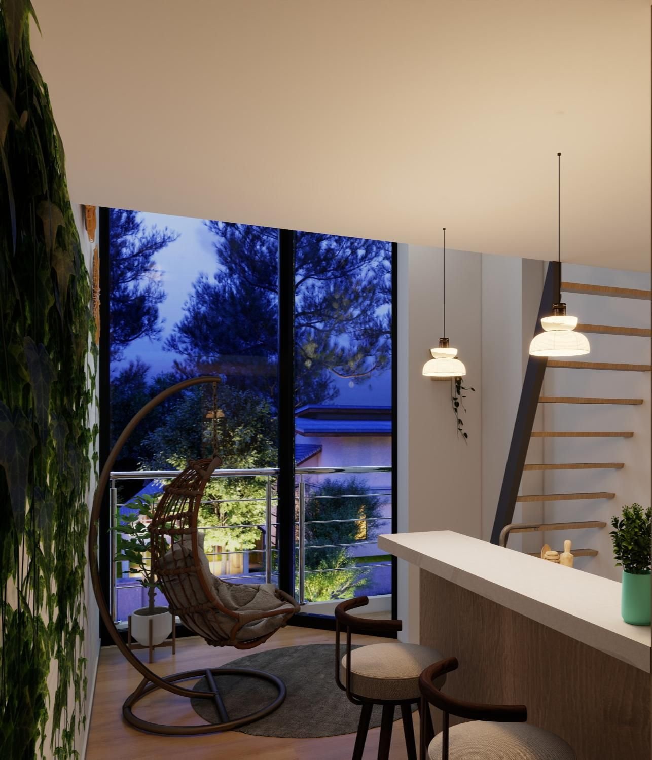 Balcón con silla colgante y vista al exterior