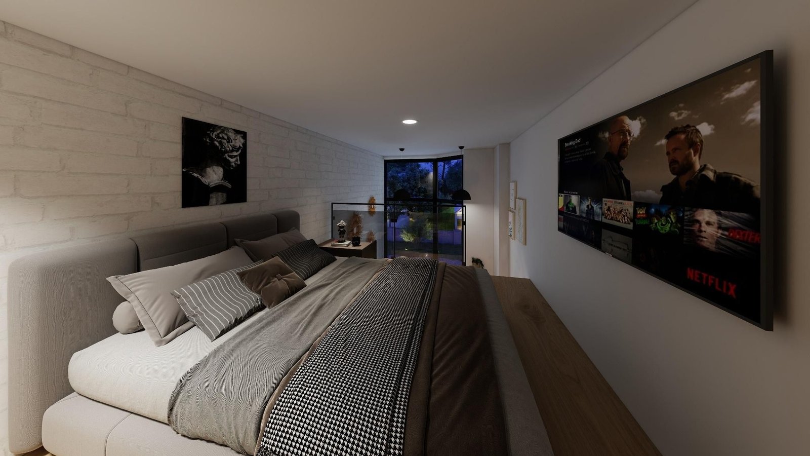 Habitación en el mezzanine con cama y televisor