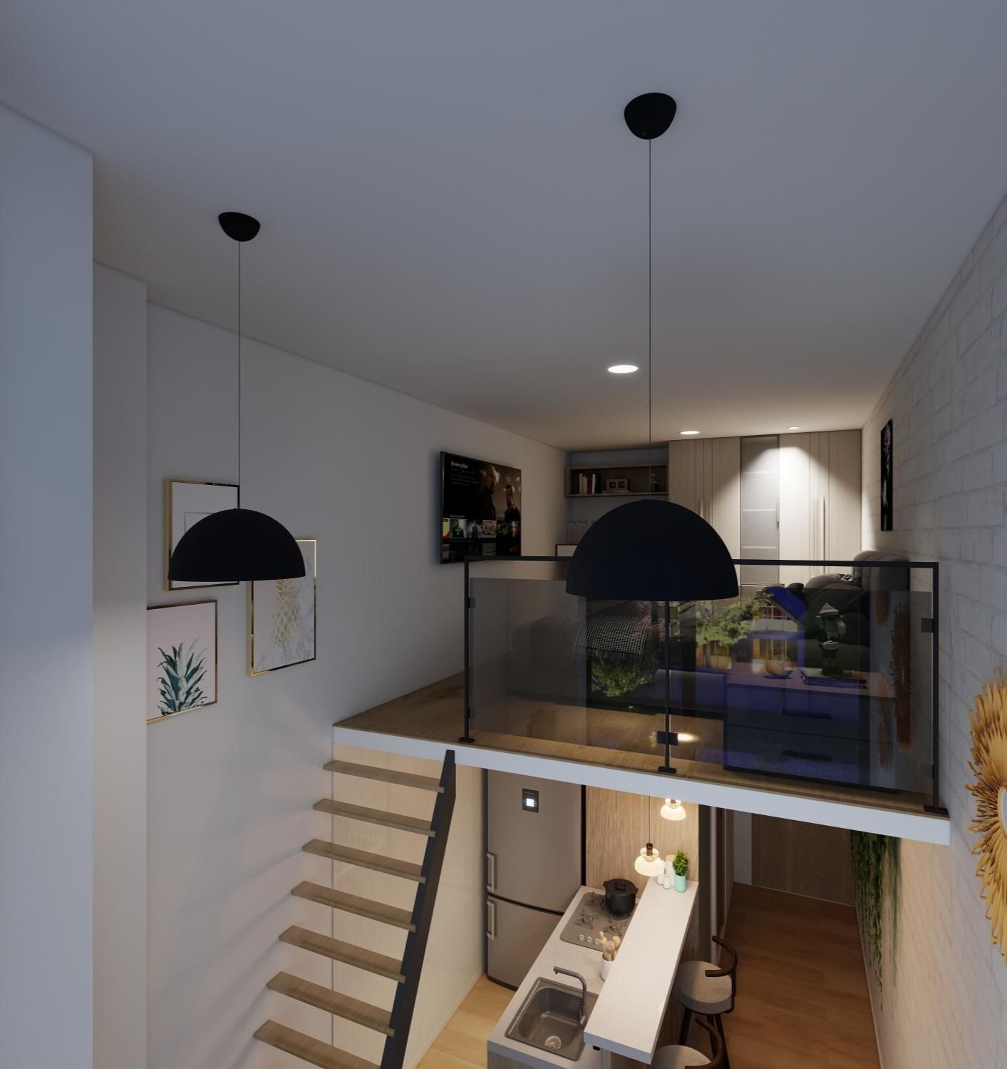 Vista del mezzanine desde la zona social, con escalera y baranda de vidrio