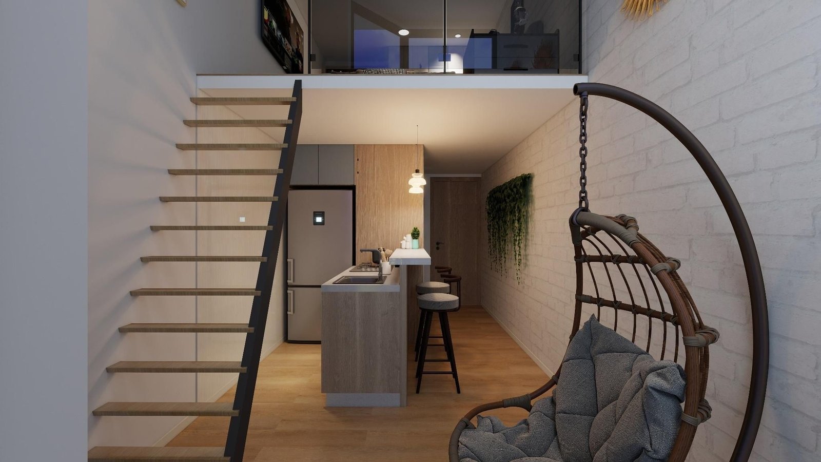 Zona social con silla colgante y escalera al mezzanine