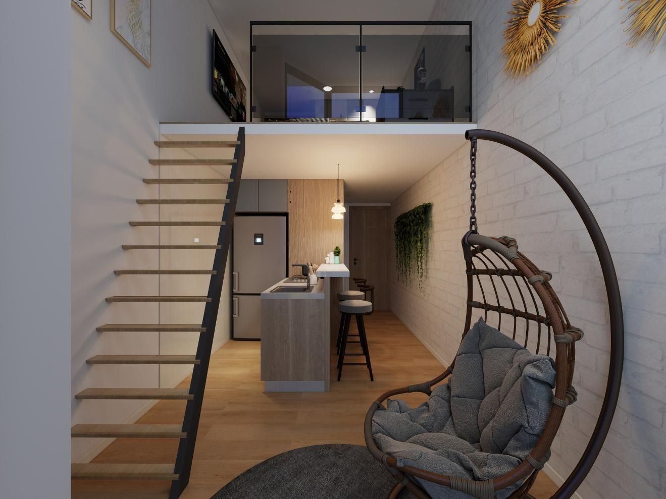Sala de doble altura con la escalera al mezzanine, imagen de referencia